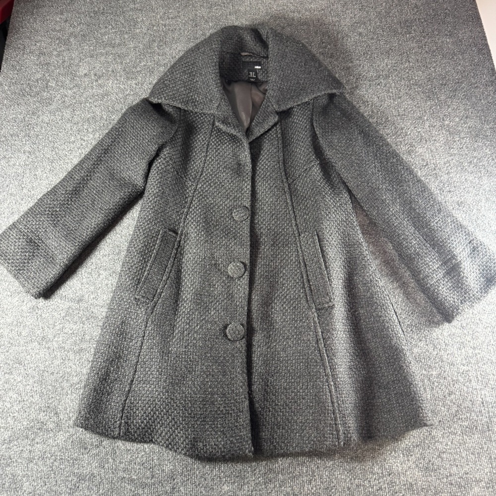H&M Gray Wool Blend Tweed Coat Women's Size 6 Wide Collar Single Breasted Peacoa